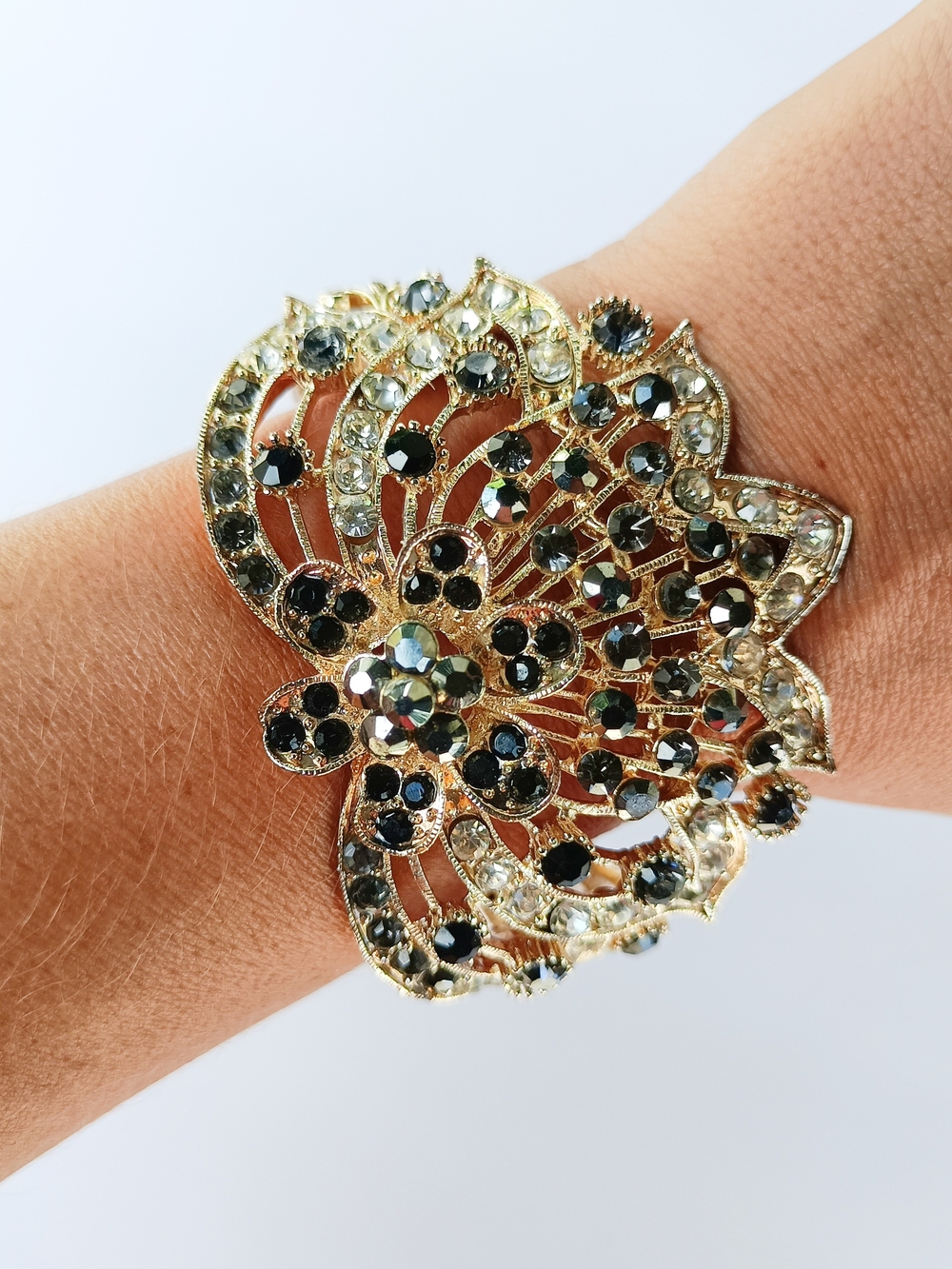 Gold Floral Crystal Statement Cuff Bracelet - Elegant Women's Jewelry
